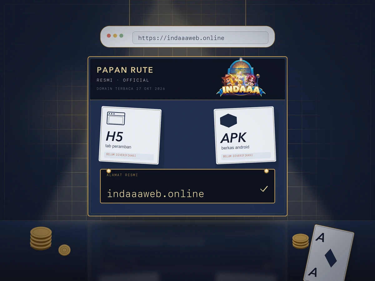 Papan rute resmi indaaa berdiri di panggung biru malam: kepala papan memuat wordmark indaaa, dua kartu bertanda H5 dan APK dengan label belum diverifikasi, serta plat alamat indaaaweb.online; bilah alamat peramban tergantung di atasnya, dan di kaki papan ada tumpukan koin emas serta satu kartu As.