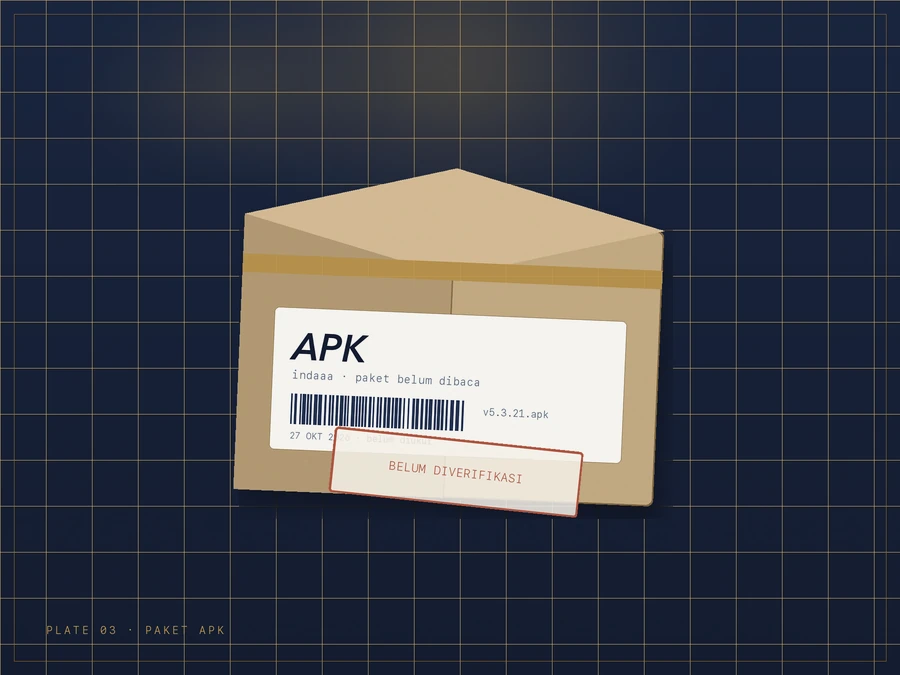 Paket kardus berpita emas dengan label putih bertuliskan APK, baris paket indaaa, barcode, tanggal periksa, dan cap miring belum diverifikasi.