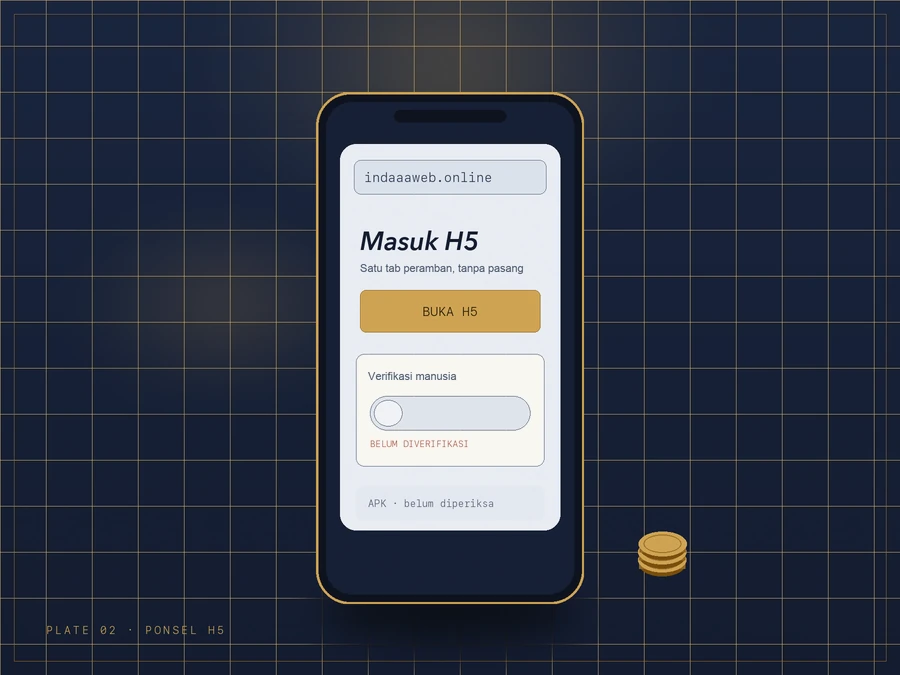 Ponsel tegak dengan bilah alamat indaaaweb.online, judul Masuk H5, tombol BUKA H5 berwarna emas, kartu verifikasi manusia, dan label belum diverifikasi.