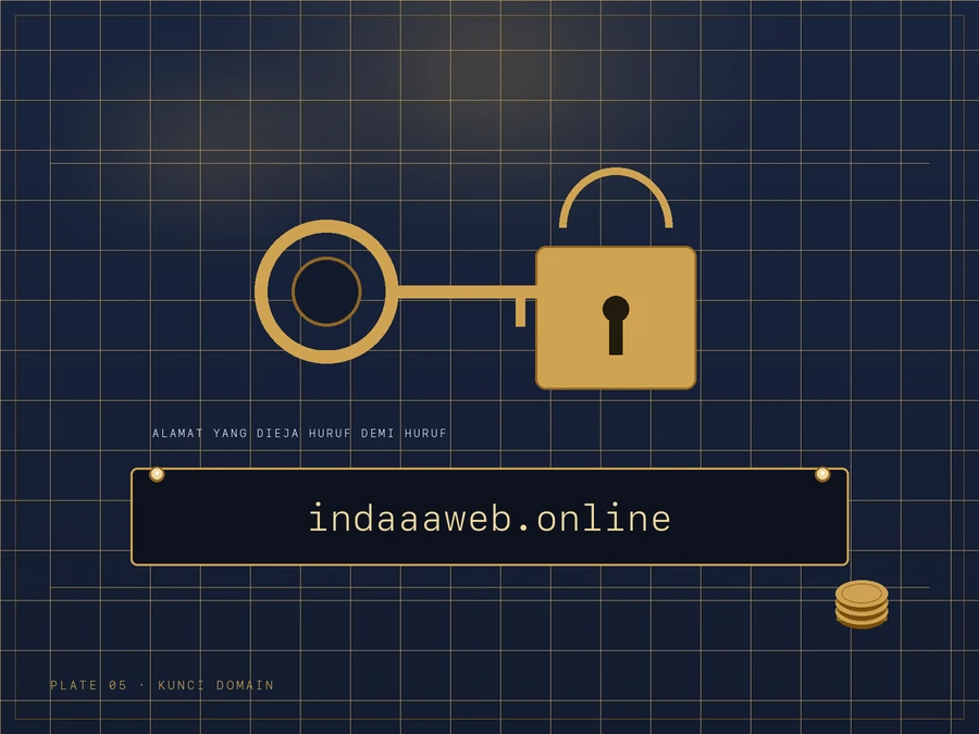 Kunci kuningan besar dan gembok emas di atas plat alamat indaaaweb.online, dengan label alamat yang dieja huruf demi huruf.