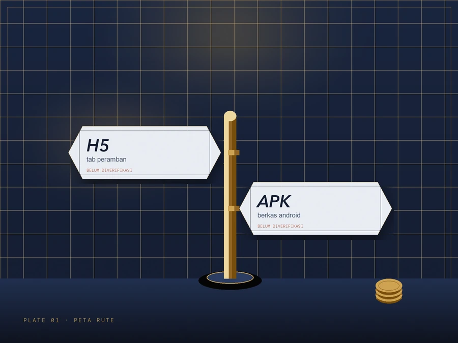 Papan penunjuk arah kuningan dengan dua plat bersayap: plat kiri bertuliskan H5 dan tab peramban, plat kanan bertuliskan APK dan berkas android, keduanya berlabel belum diverifikasi.